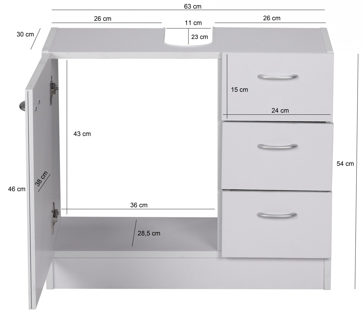 Salle de bain 54 x 63 x 30 cm 1 porte, 3 tiroirs, blanc