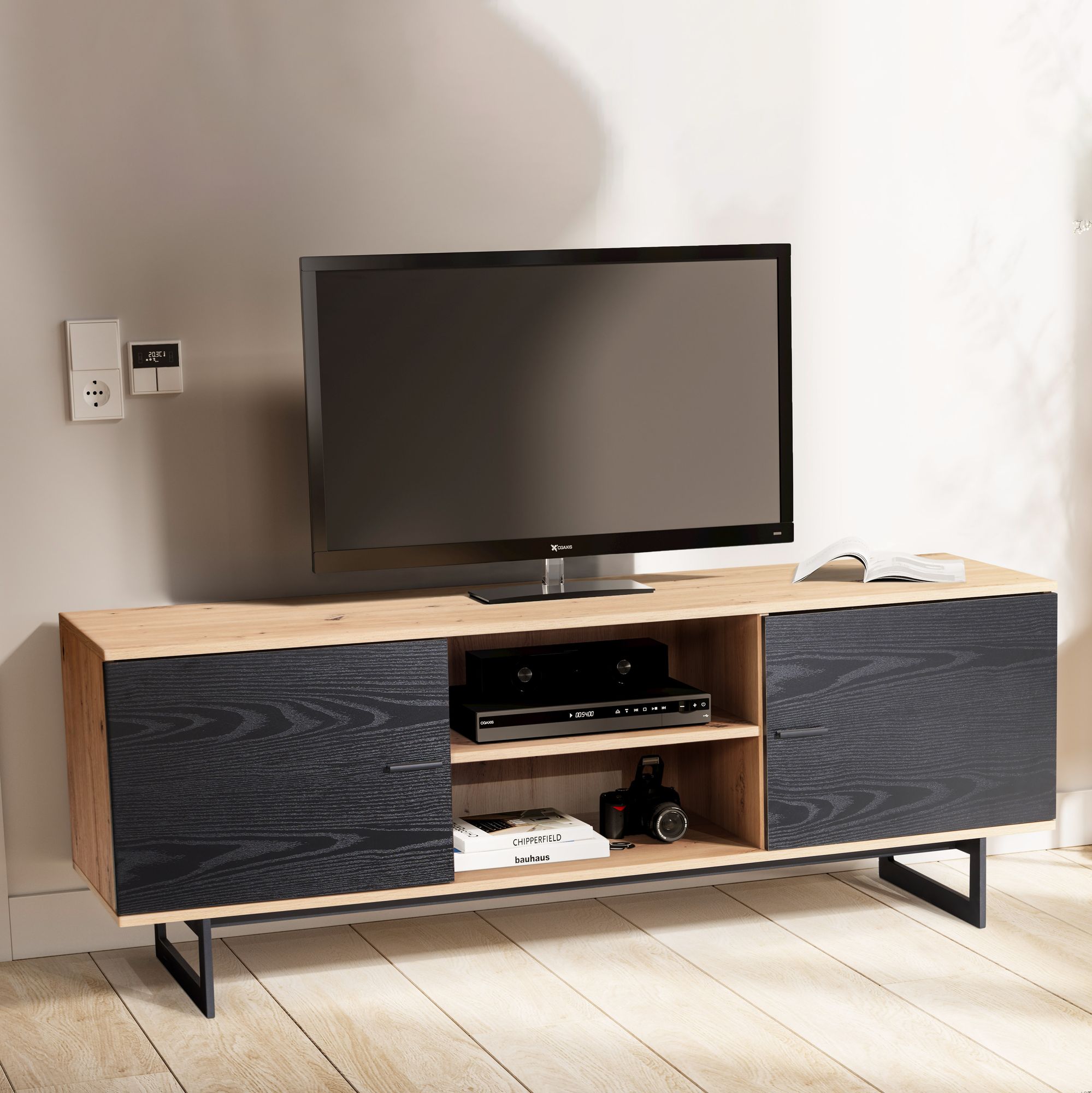 Meuble tv lowboard chêne décor noir 150x55x40 cm meuble tv moderne, meuble tv design haut, table tv meuble tv avec deux portes, meuble tv salon