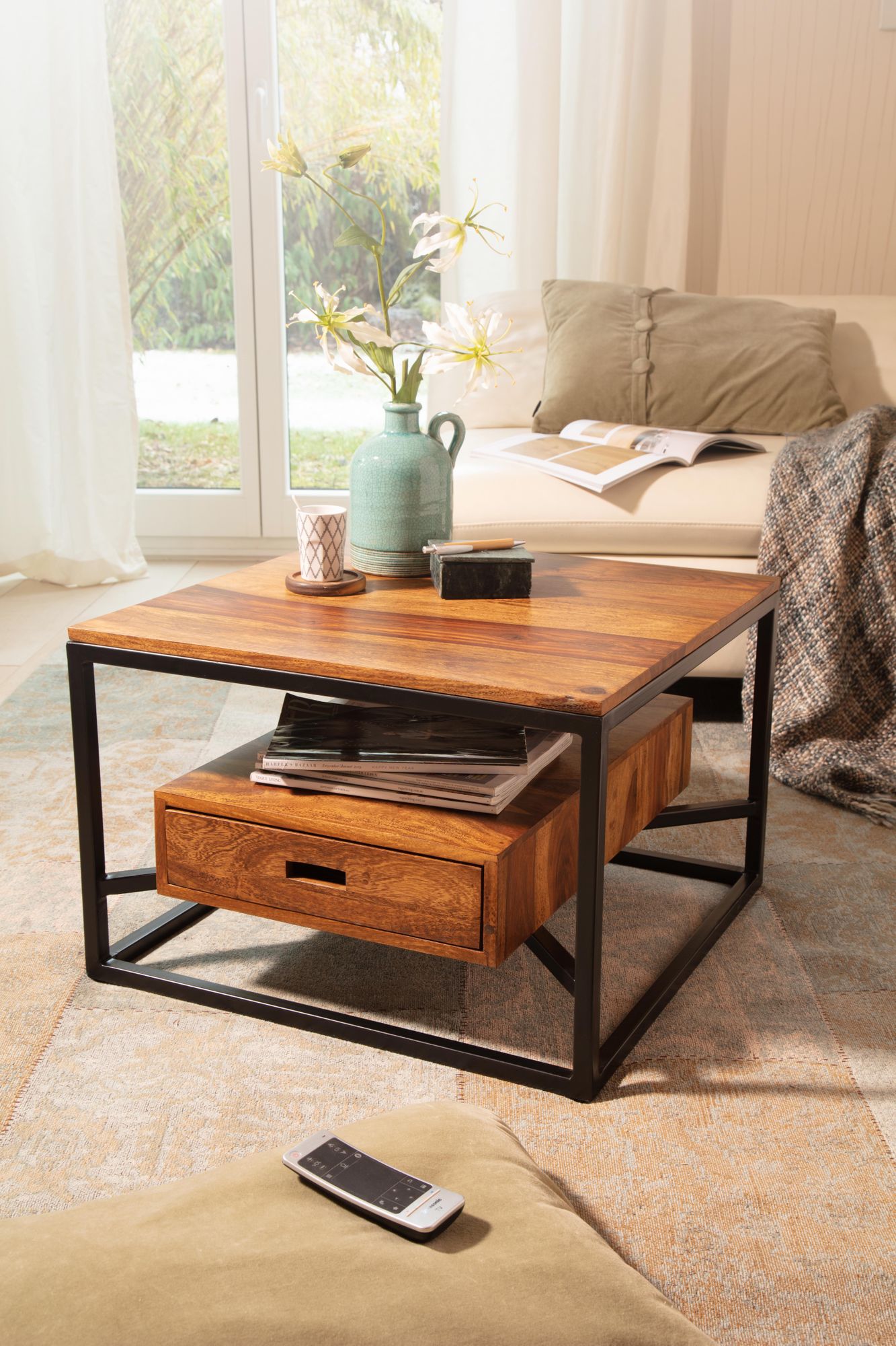 Koffietafel massif sheesham-hout en metaal 60x60x40 cm salontafel