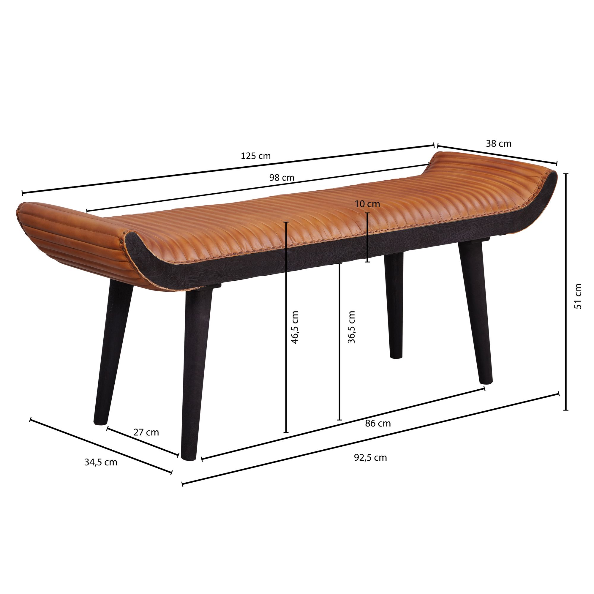 Bank echt leer / massief houten bank bruin 125x51x38 cm modern