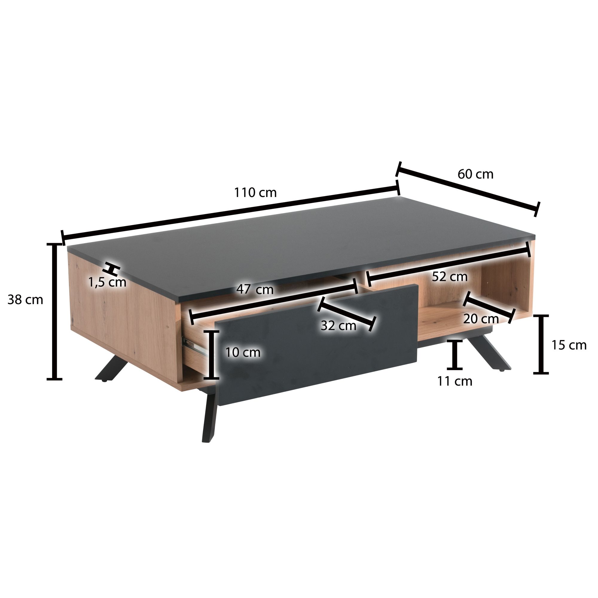 Koffietafel massif mdf eiken decor / zwart 110x60x38 cm salontafel