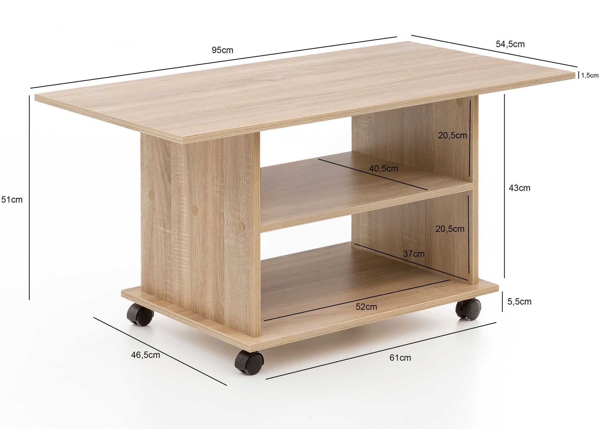 Table basse Design 95 x 51 x 54,5 cm Sonoma rotative avec roulettes