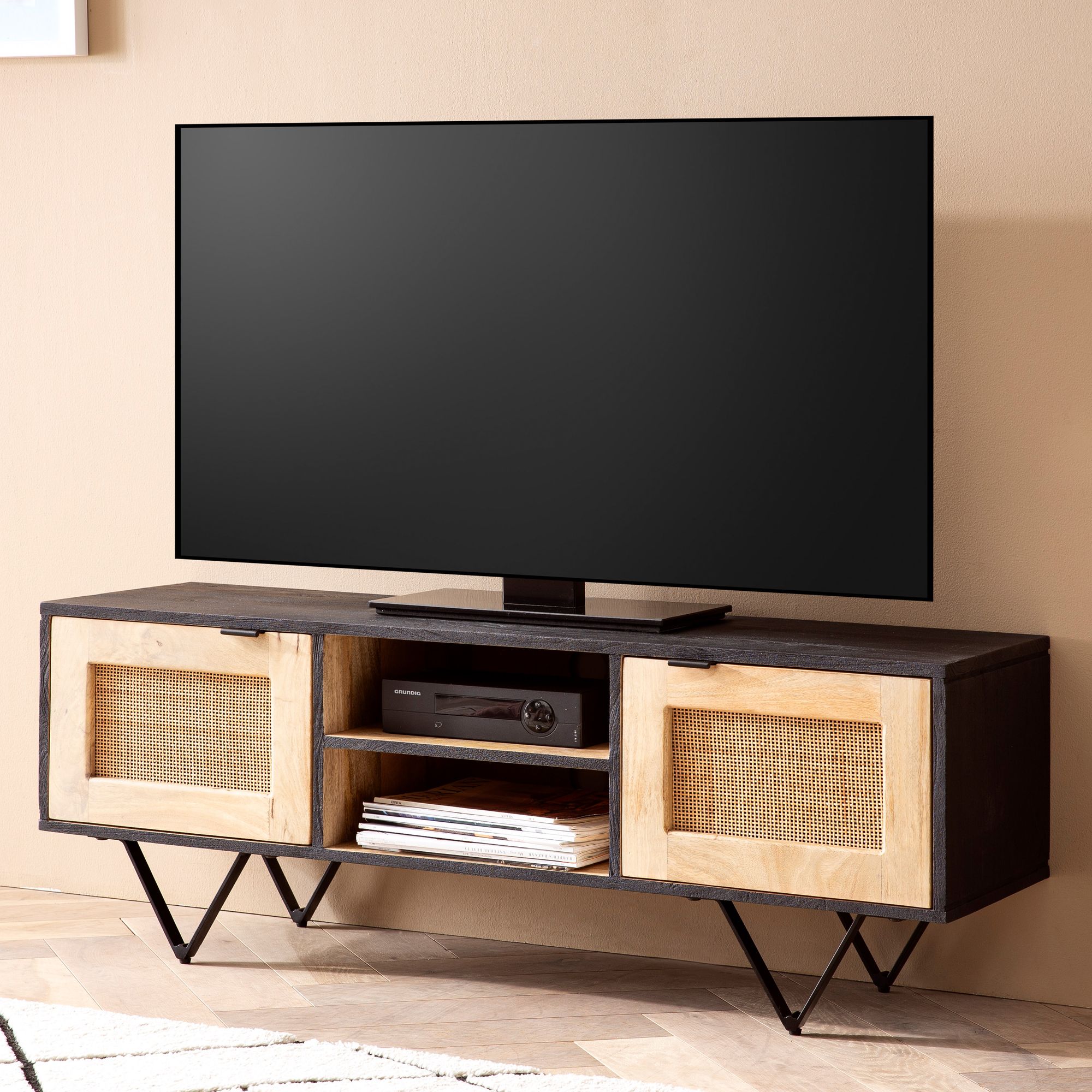 Meuble tv mango bois massif / rotin 120x44x35 cm lowboard tv commode