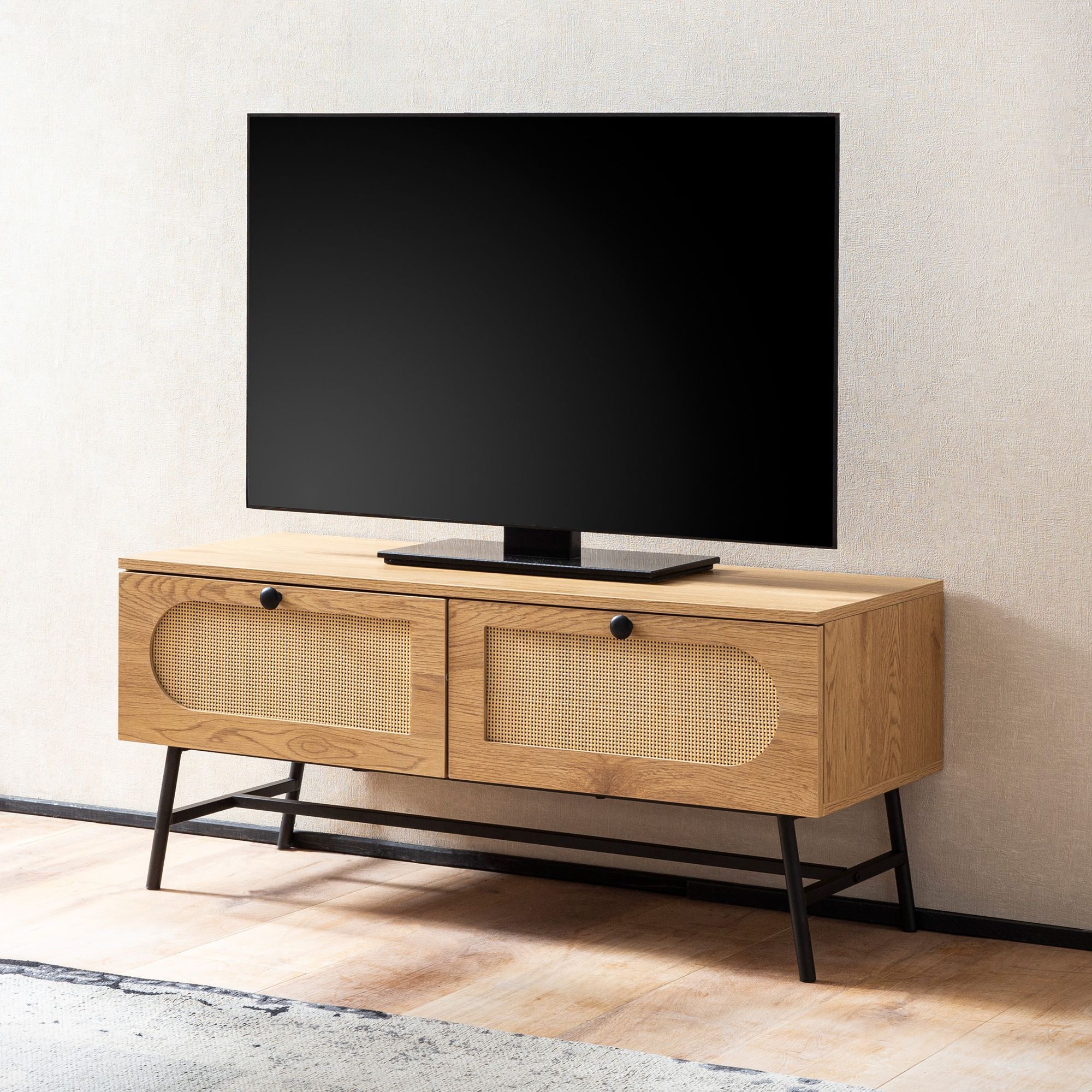 Lowboard 100x45x40 cm meuble tv avec décor chêne & rotin, meuble tv design haut avec tiroirs, table tv meuble tv, meuble tv salon