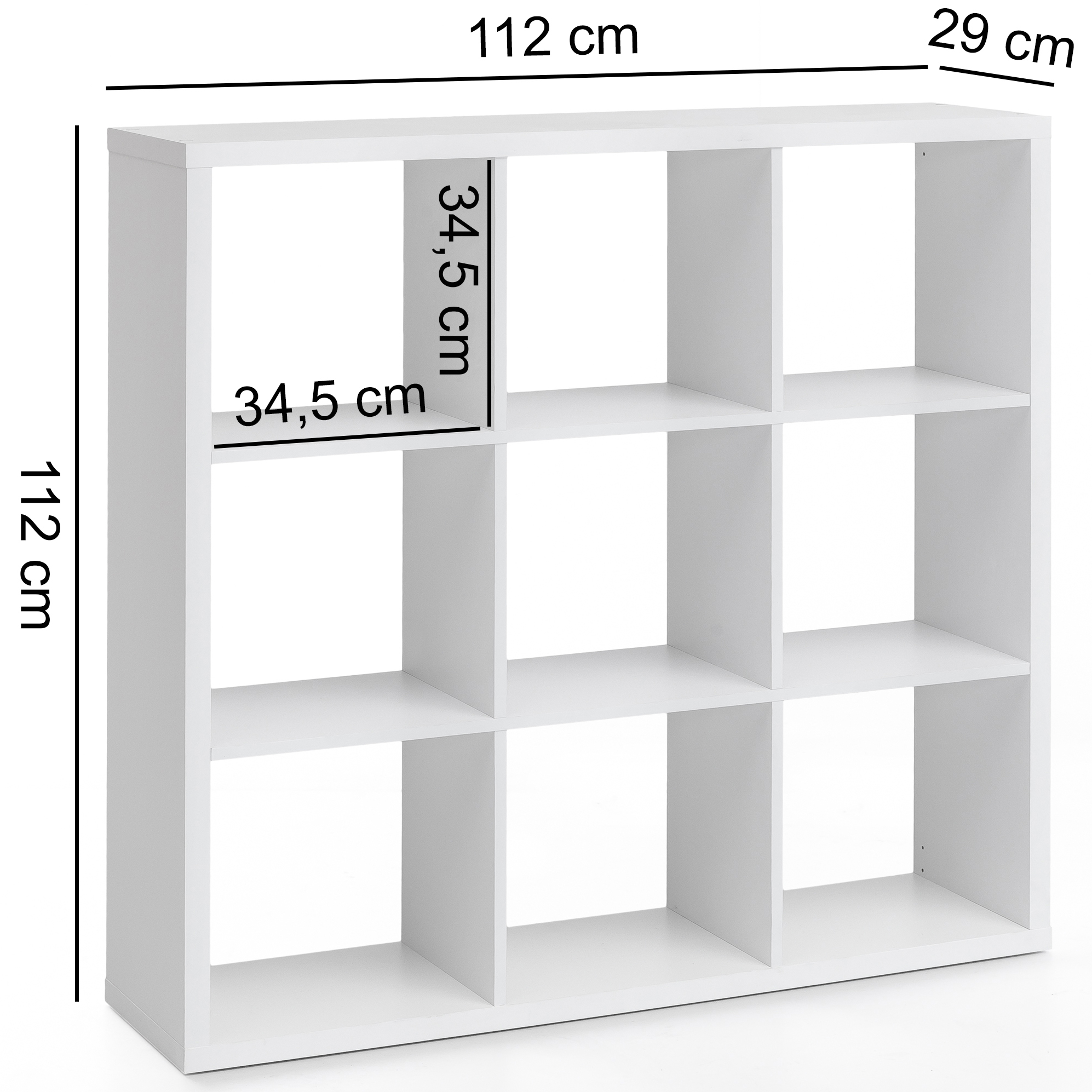 Eddie 112x29x112 cm boekenkast met 9 vakken witte plank houten plank vrijstaand