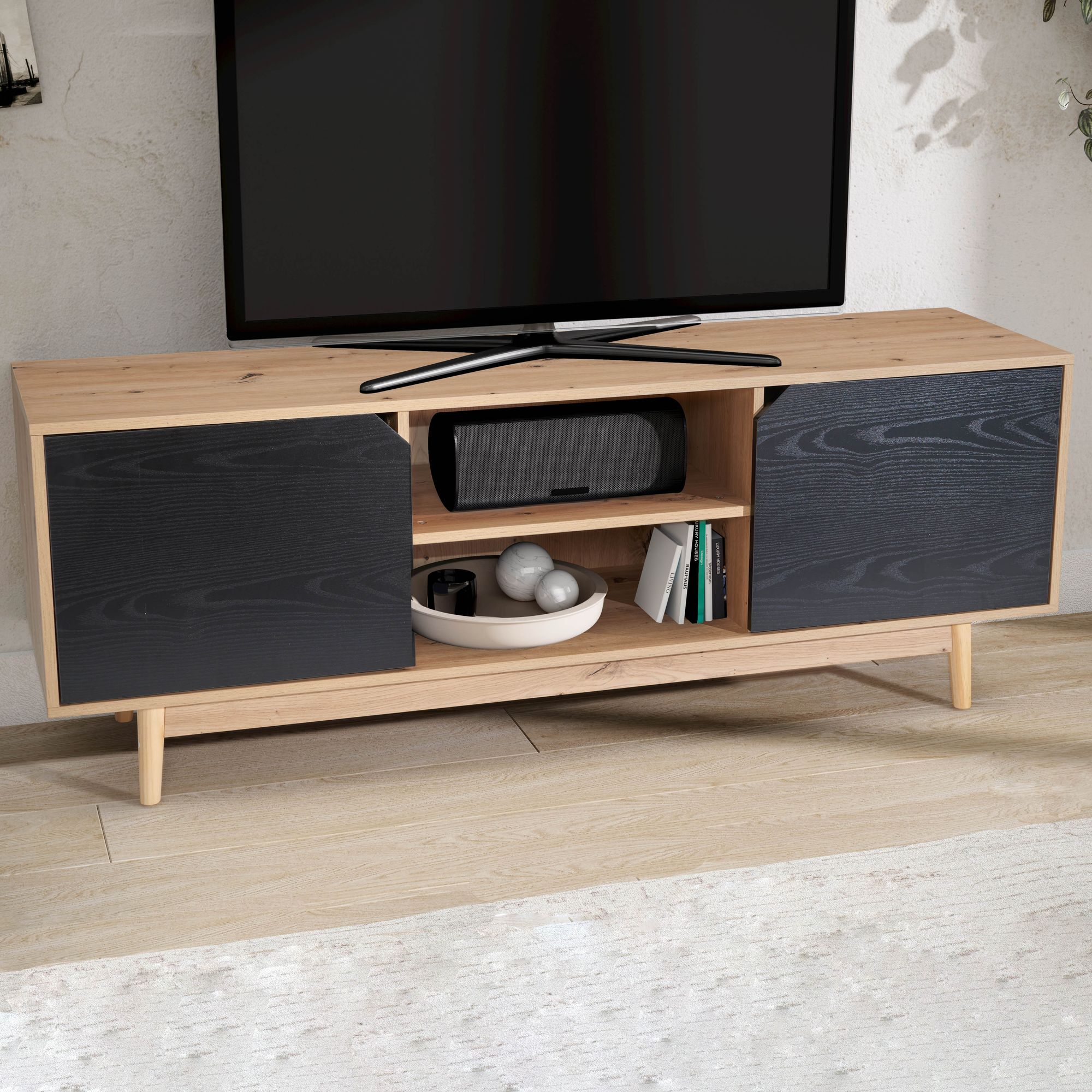 Meuble tv lowboard chêne décor noir 150x55x40 cm meuble tv moderne, meuble tv design haut, table tv meuble tv avec deux portes, meuble tv salon