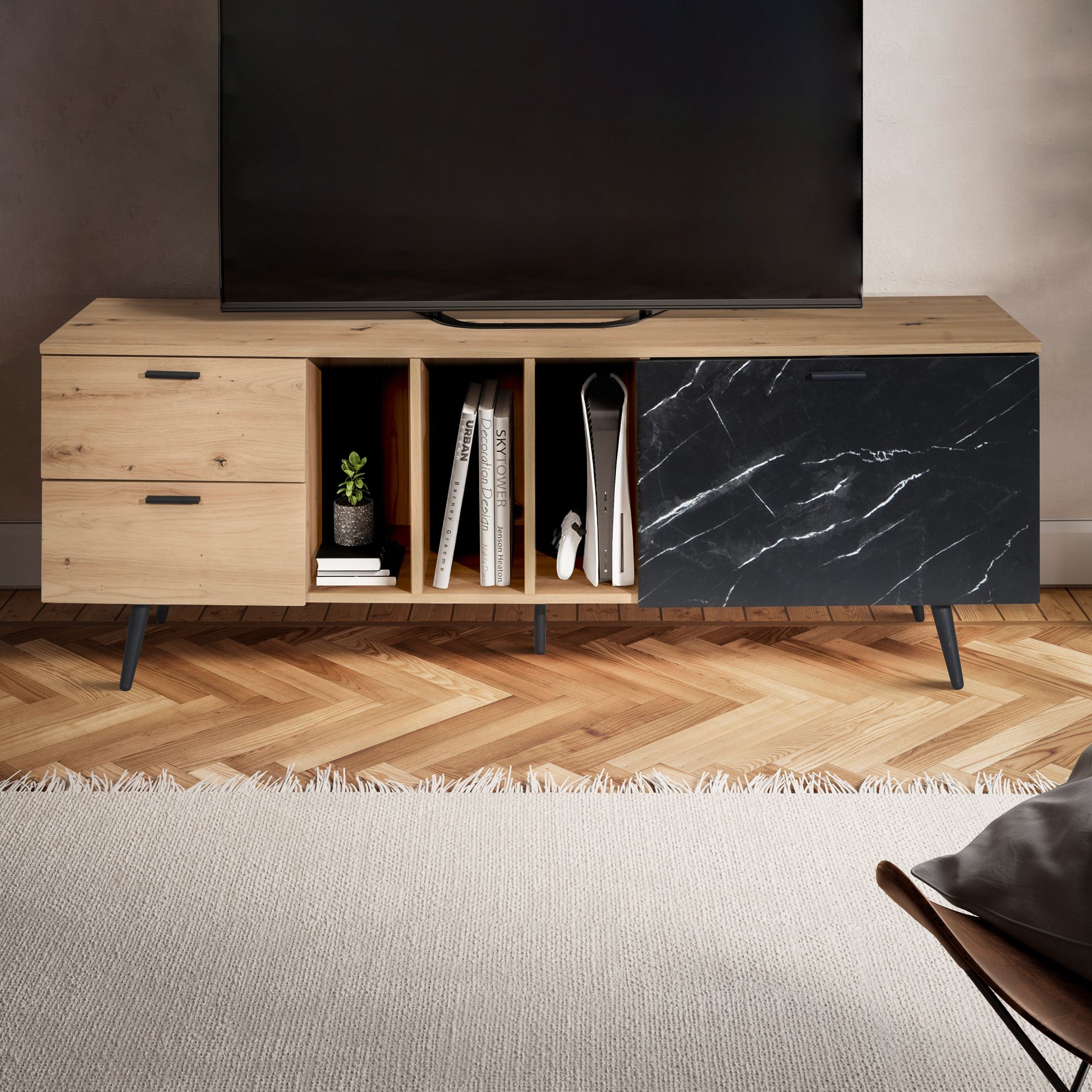 Lowboard chêne décor aspect marbre noir 150x55x40 cm meuble tv, meuble tv design haut moderne, table tv meuble tv avec porte et tiroir, meuble tv salon moderne