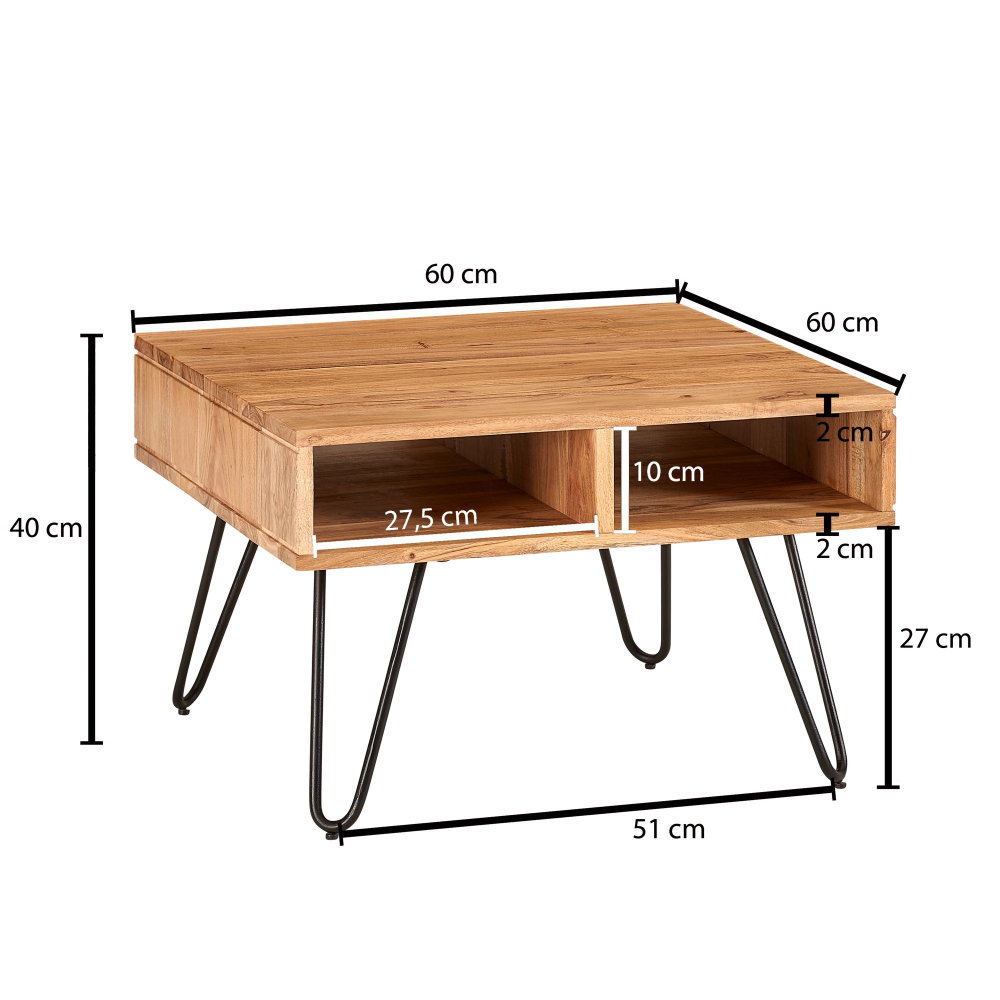 Table basse 60x60x40 cm bois d'acacia massif/métal table de canapé design carrée, table de chambre en bois avec espace de rangement