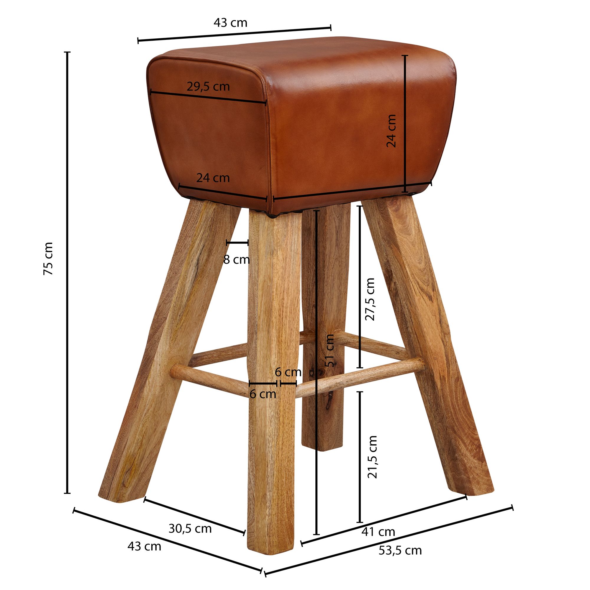 Barkruk turnbock 43x75x43 cm mango massief hout / echt leer