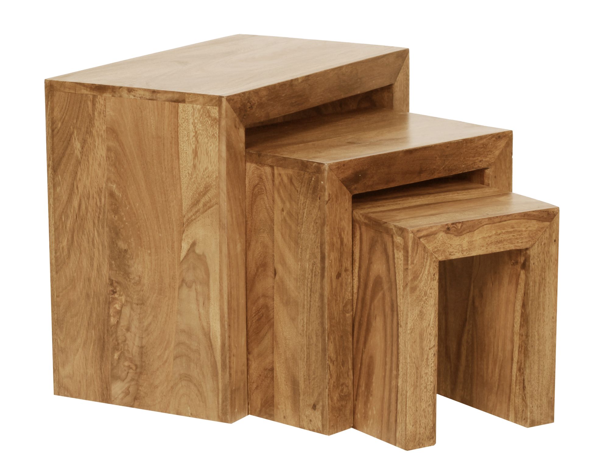 Set de 3 tables gigognes MUMBAI en bois massif d'acacia style maison de campagne, bois naturel marron foncé