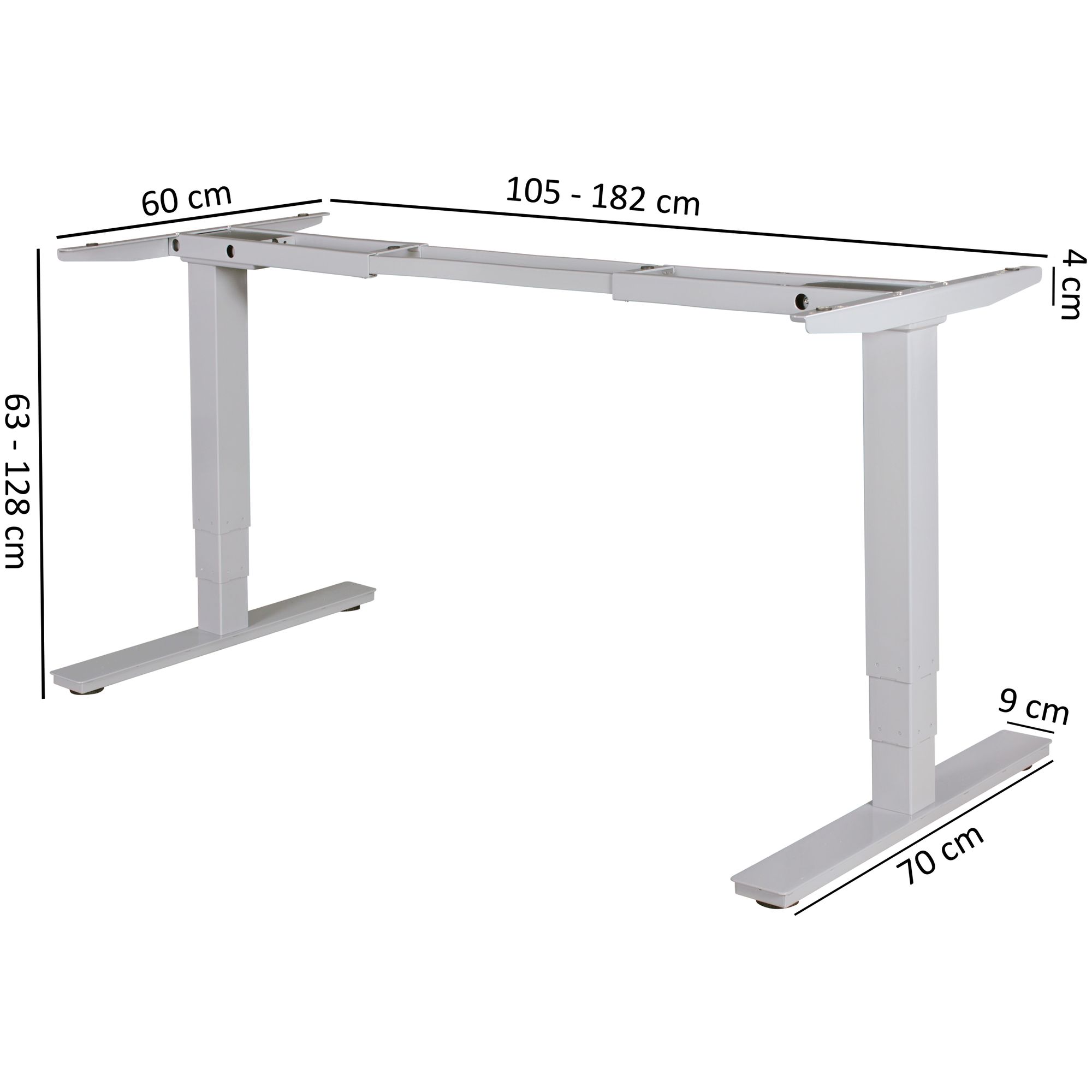 Elektrisch in hoogte verstelbaar tafelonderstel, zilverkleurig frame met geheugenfunctie, bureauonderstel traploos in hoogte verstelbaar van 63 - 128 cm