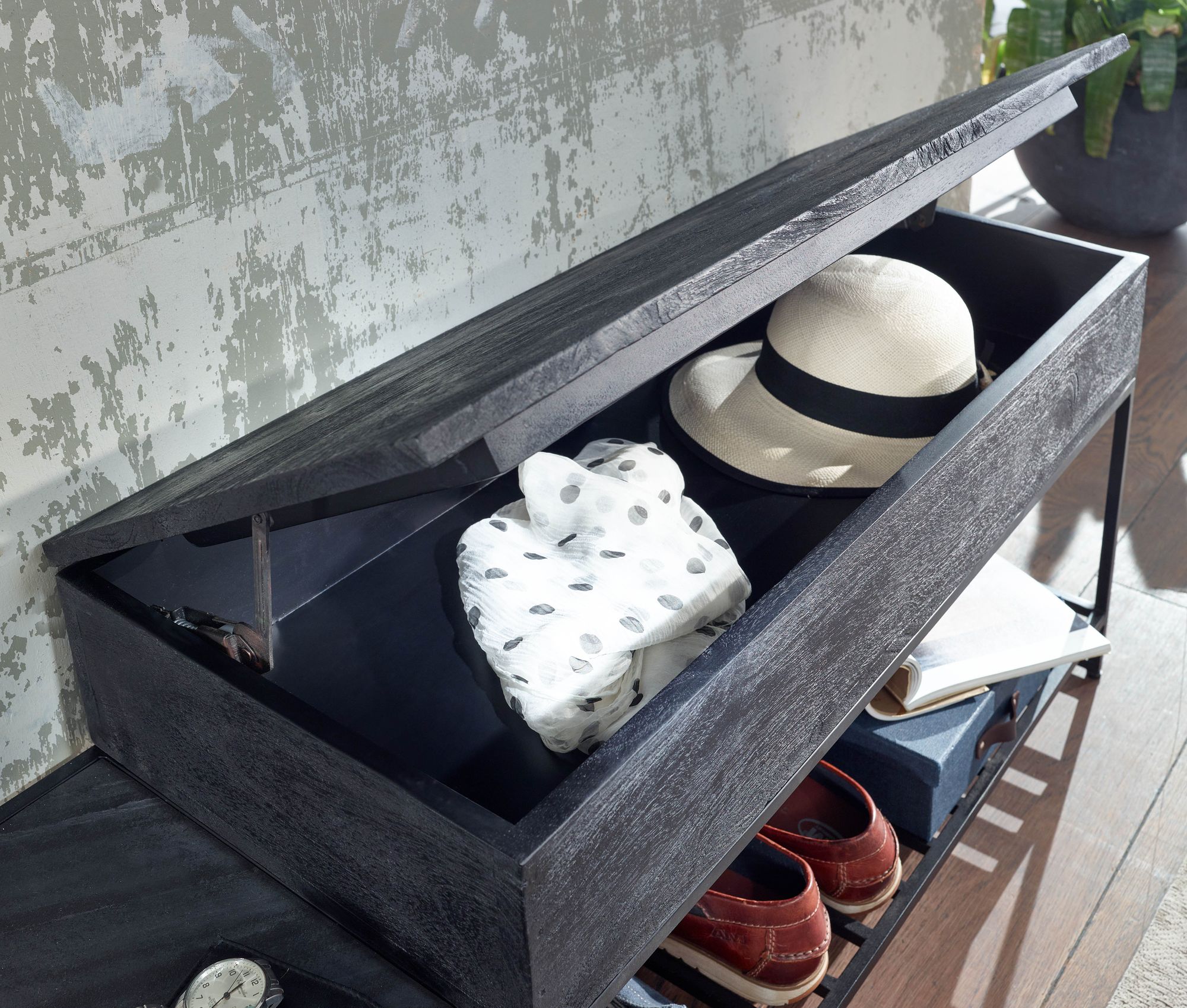 Banc avec armoire murale Banc à chaussures en bois massif de manguier noir 110 cm, ensemble d'armoire design de couloir industriel