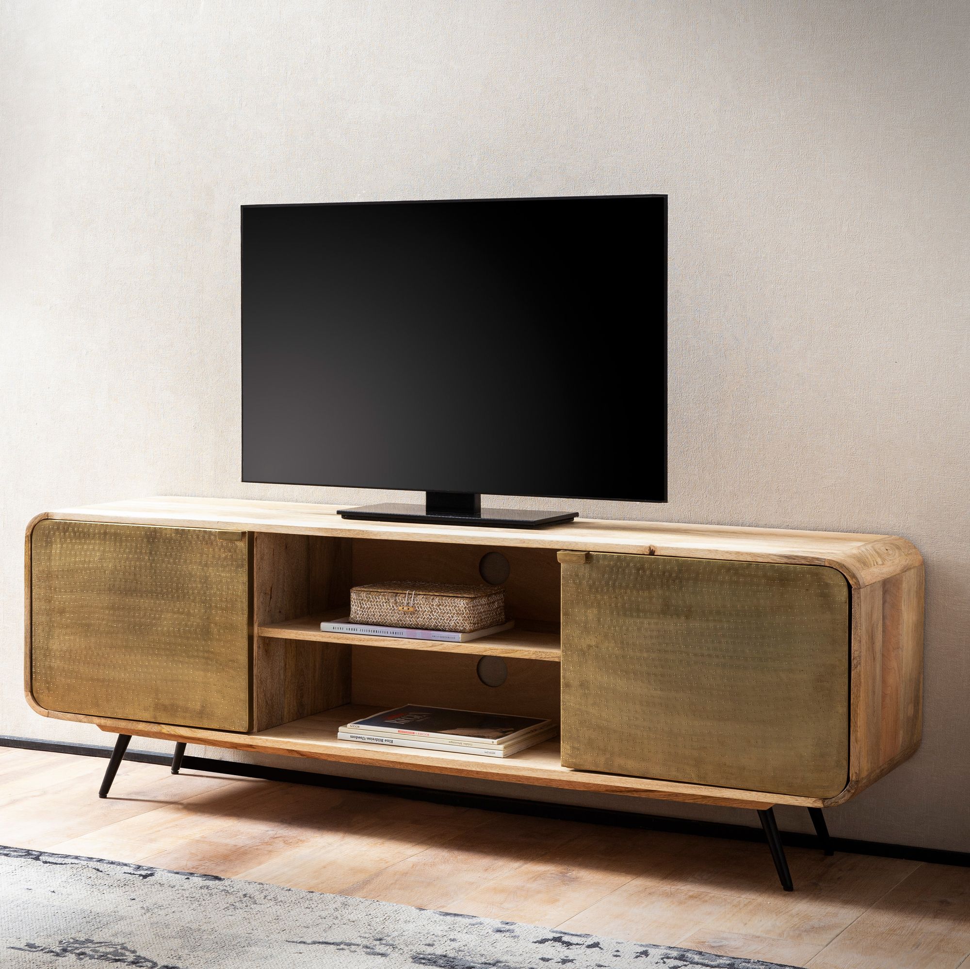 Lowboard mango bois massif 160x55x41 cm meuble tv avec deux portes perforées, meuble tv design haut, table tv meuble tv moderne, meuble tv salon