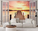 Photo murale pour salon au style moderne vue sur le ponton au coucher du soleil depuis la fenêtre feeby-01