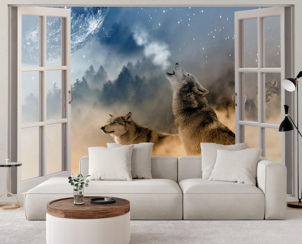 Photo murale pour salon au style moderne fenêtre avec vue sur des loups hurlant feeby-01