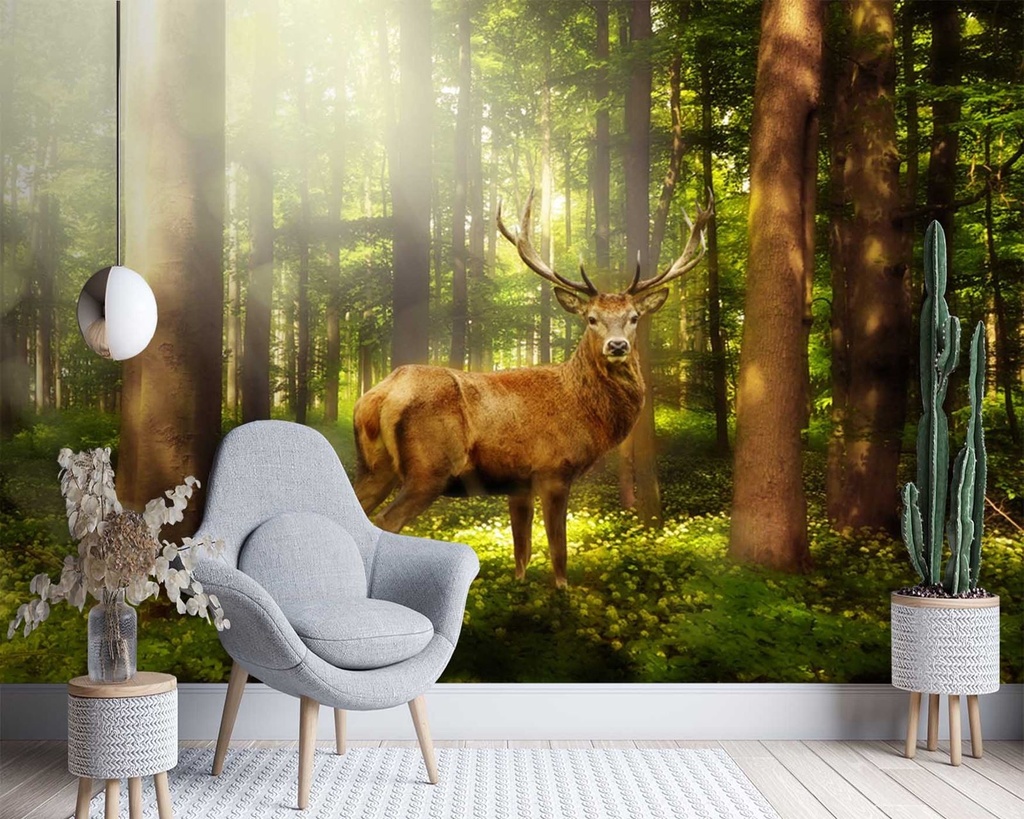 Papier peint rectangulaire imprimé sur toile avec finition verte cerf dans le bois feeby-01