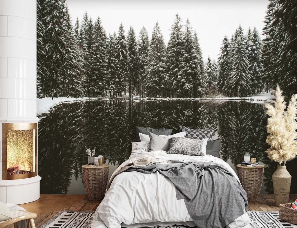 Papier peint imprimé sur toile avec colle motif lac dans le bois en hiver feeby-01