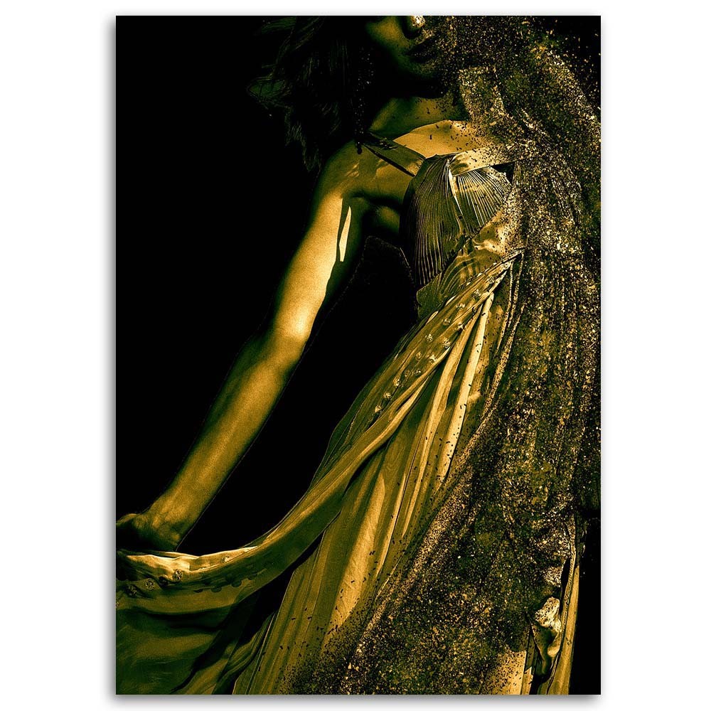 Cadre décoratif en mdf avec image de femme poudre dorée imprimé sur toile feeby-02