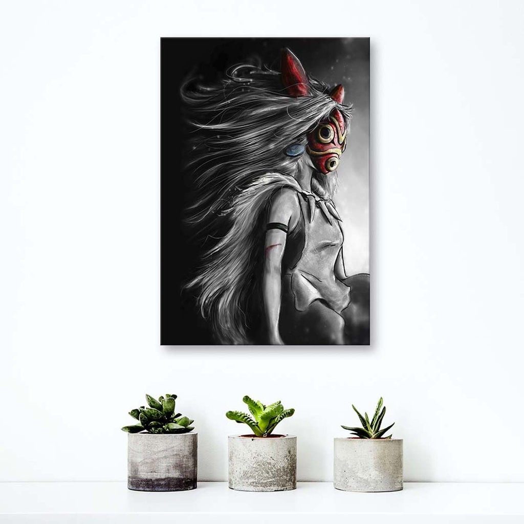 Cadre imprimé sur toile avec image de la princesse mononoke avec un masque rouge fabriqué en mdf feeby-01