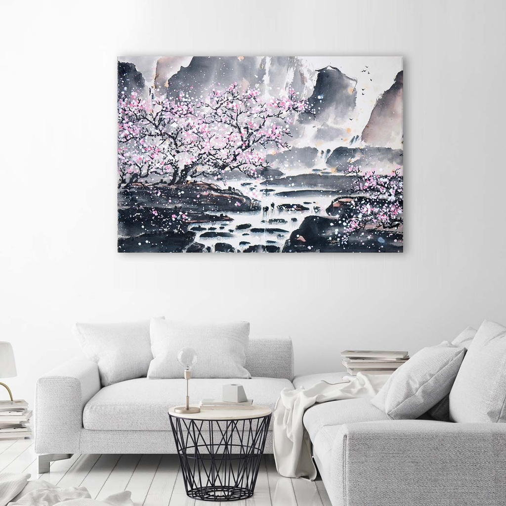 Cadre imprimé sur toile avec image d'aquarelle japonaise fabriqué en mdf et toile feeby-01