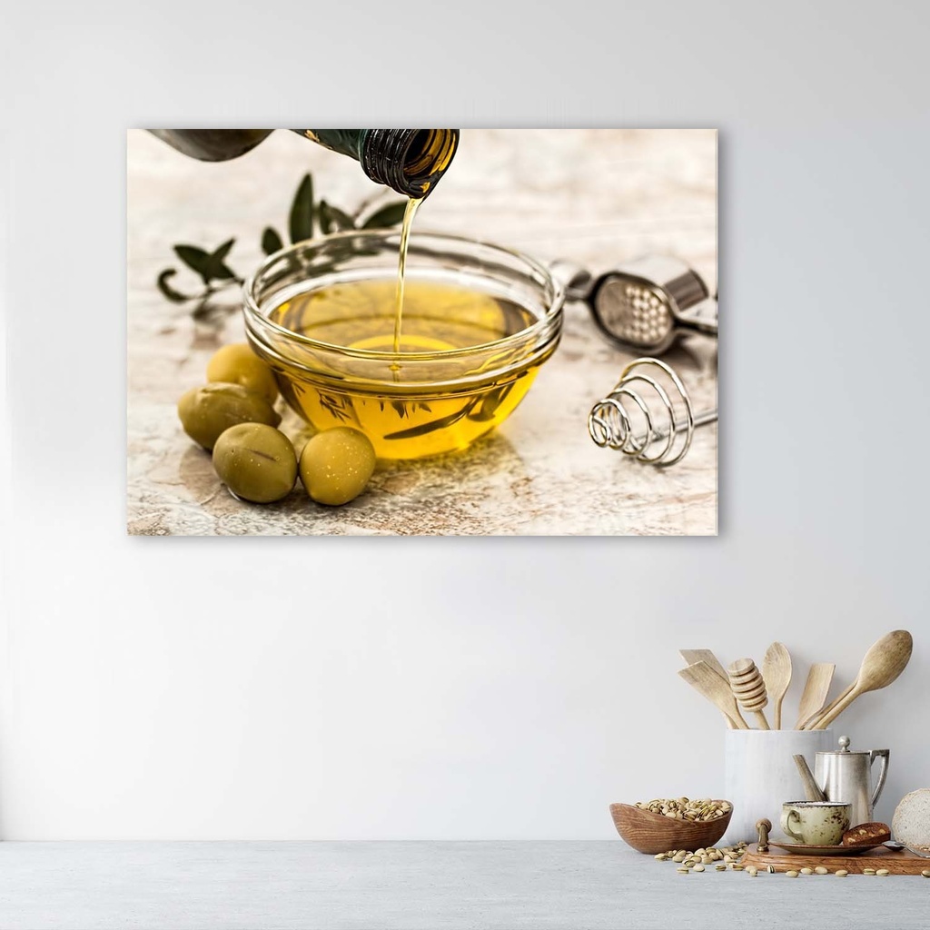 Cadre imprimé sur toile avec image d'huile d'olive et olives fabriqué en mdf et toile feeby-01