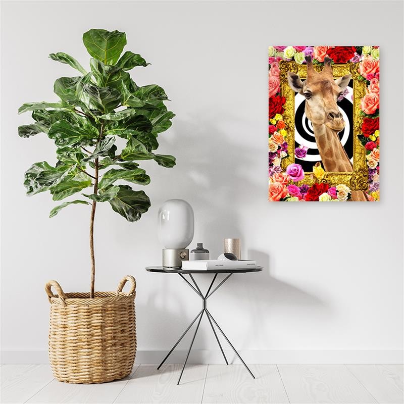 Cadre à suspendre en mdf imprimé sur toile d'une seule pièce girafes et roses colorées feeby-01