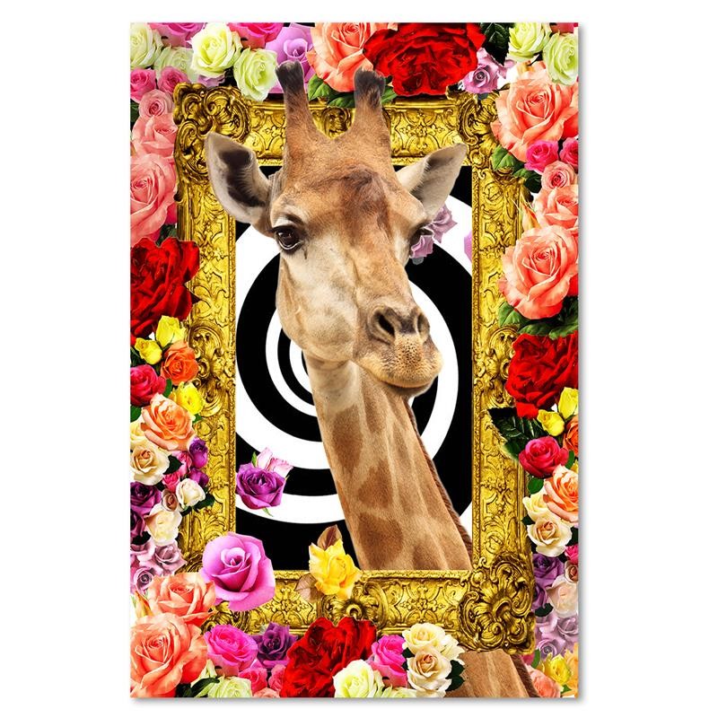 Cadre à suspendre en mdf imprimé sur toile d'une seule pièce girafes et roses colorées feeby-02