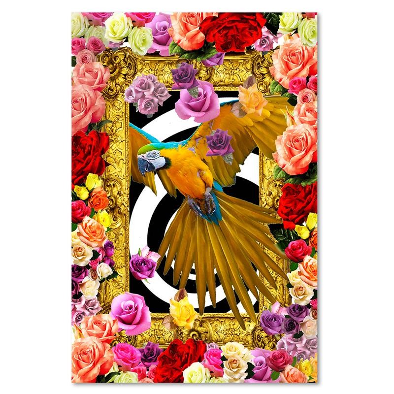 Cadre à suspendre en mdf imprimé sur toile d'une seule pièce perroquet et roses colorées feeby-02