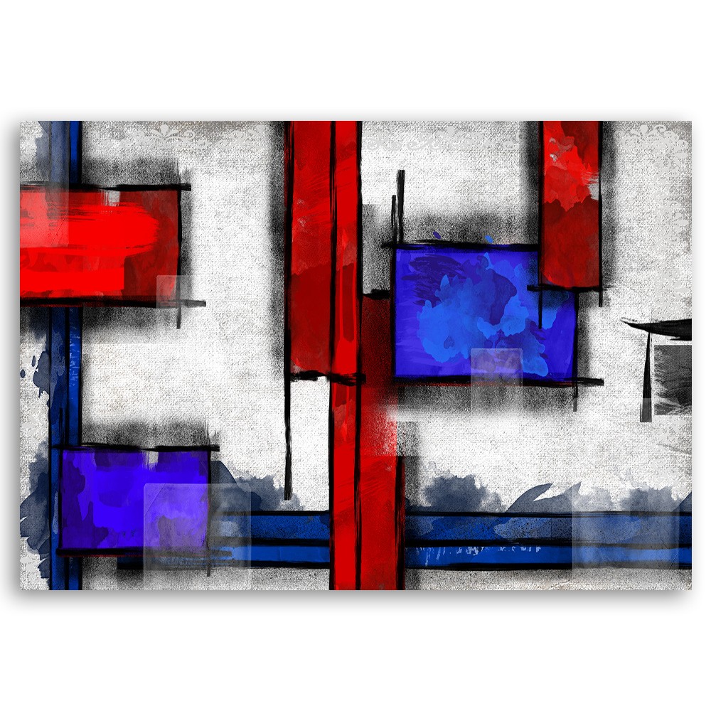 Cadre à suspendre en mdf imprimé sur toile d'une seule pièce abstraction géométrique rouge et bleu feeby-02