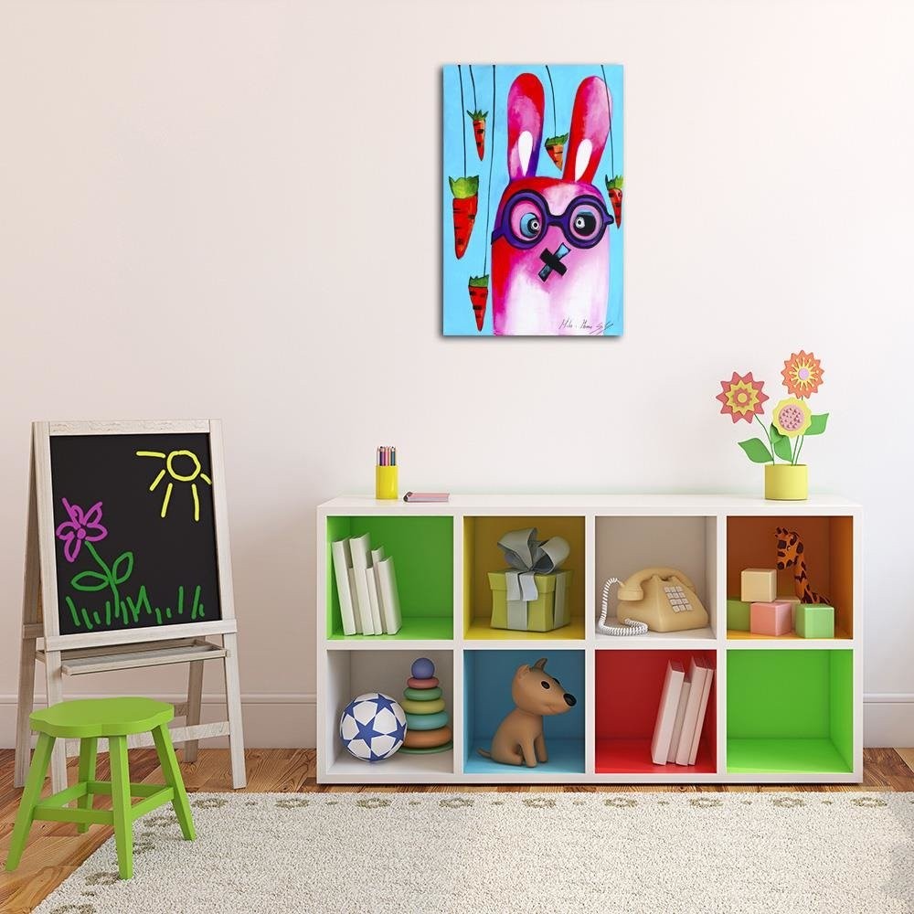 Cadre imprimé sur toile avec image de lapin rose avec des lunettes fabriqué en mdf feeby-01