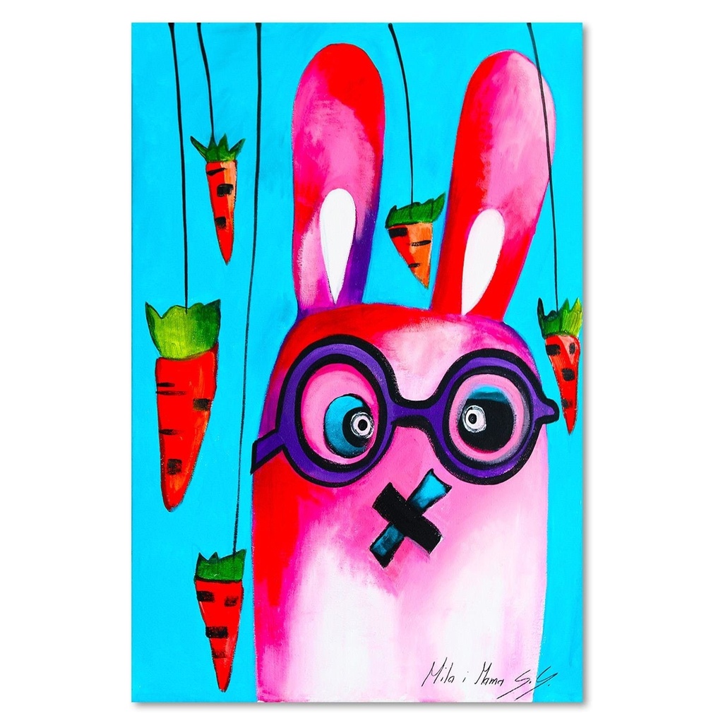 Cadre imprimé sur toile avec image de lapin rose avec des lunettes fabriqué en mdf feeby-02