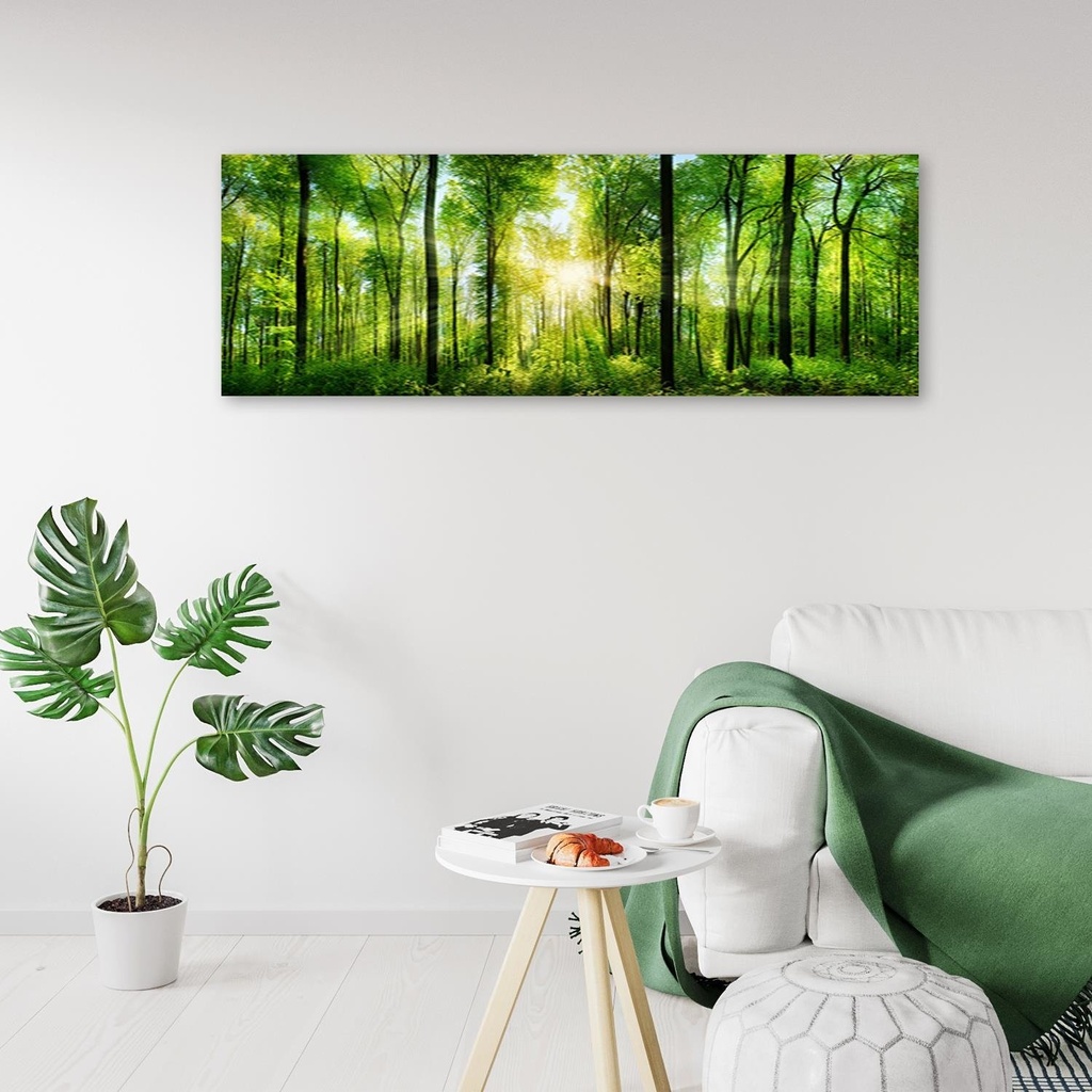 Cadre décoratif rectangulaire imprimé sur toile avec image de rayons de soleil dans le bois feeby-01