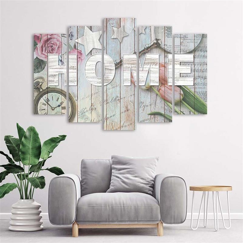 Cadre de cinq panneaux en mdf imprimé sur toile avec image d'un panneau home sur fond en bois gris et fleurs feeby-01