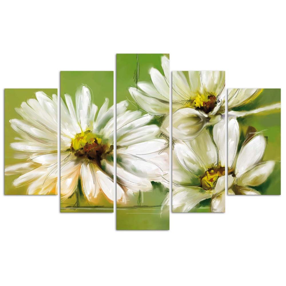 Cadre de cinq panneaux imprimés sur toile finition beige avec encadrement en mdf fleurs blanches feeby-02