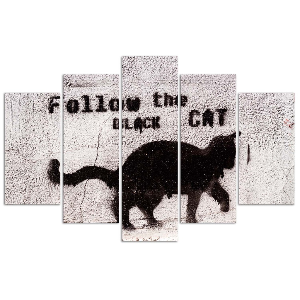 Cadre de cinq panneaux illustration de chat noir imprimée sur toile finition noir et blanc avec encadrement en mdf nue feeby-02