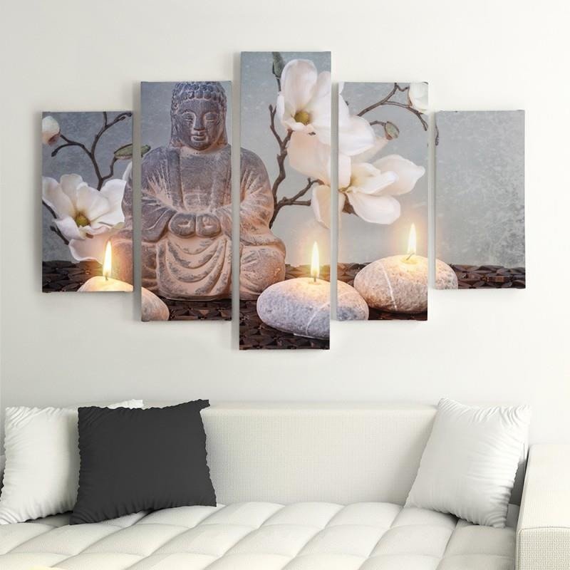 Cadre de cinq panneaux imprimés sur toile avec encadrement en mdf bouddha feeby-01