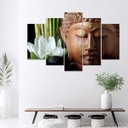Cadre de cinq panneaux imprimés sur toile avec encadrement en mdf bouddha et fleur blanche feeby-01