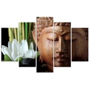 Cadre de cinq panneaux imprimés sur toile avec encadrement en mdf bouddha et fleur blanche feeby-02