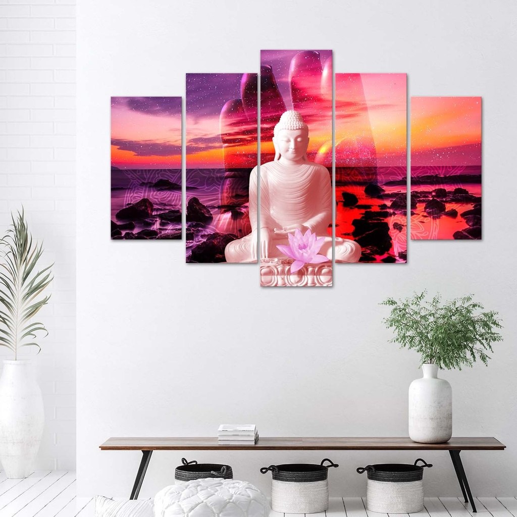 Cadre de cinq panneaux imprimés sur toile avec encadrement en mdf bouddha face à l'océan feeby-01