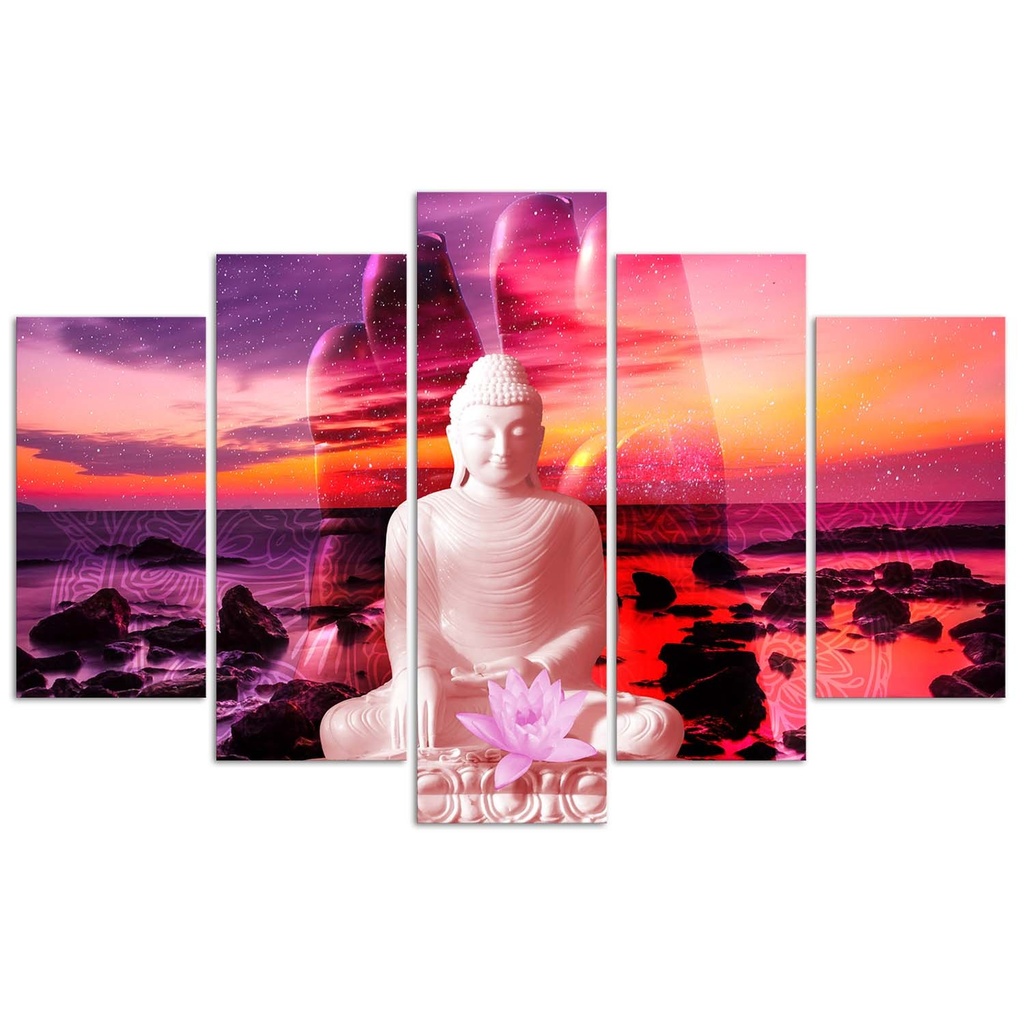 Cadre de cinq panneaux imprimés sur toile avec encadrement en mdf bouddha face à l'océan feeby-02