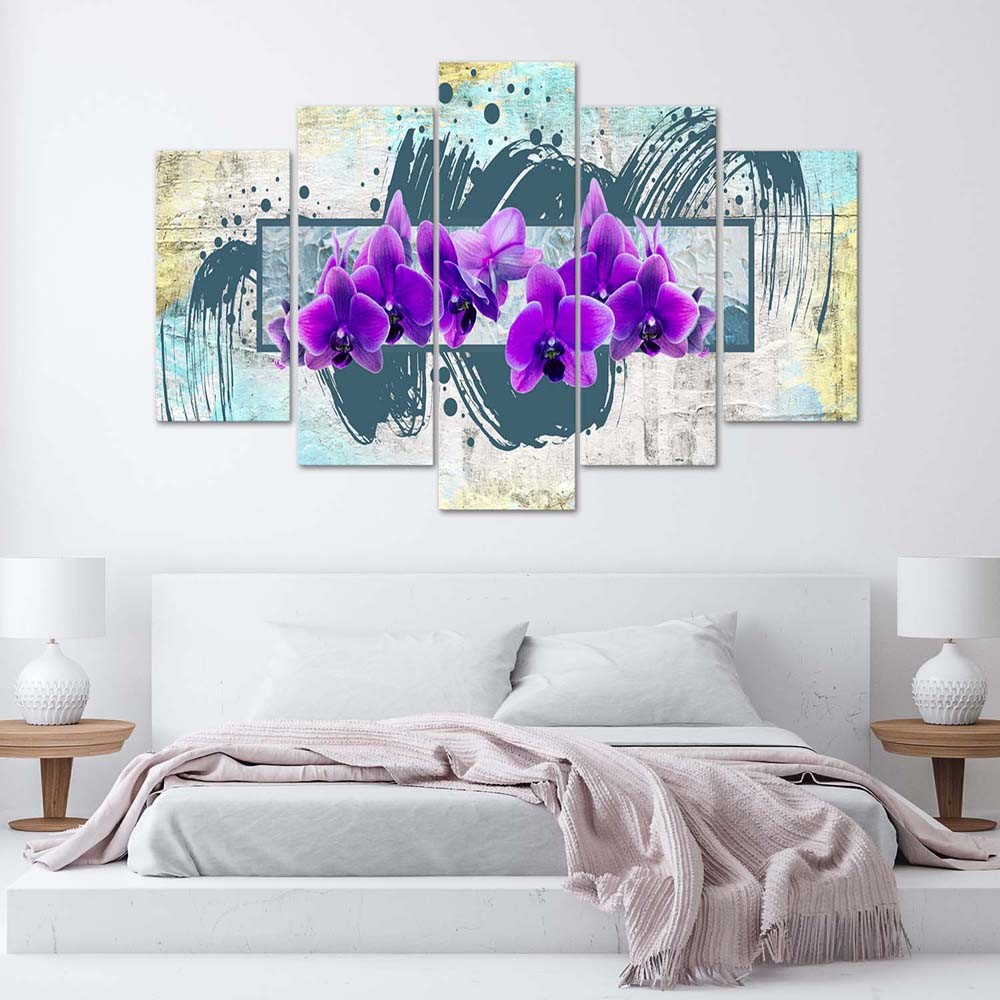 Cadre de cinq panneaux imprimés sur toile avec encadrement en mdf fleurs violettes feeby-01
