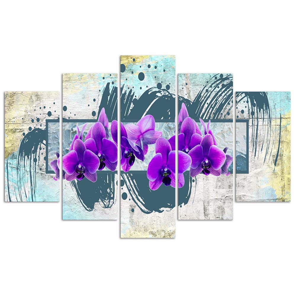 Cadre de cinq panneaux imprimés sur toile avec encadrement en mdf fleurs violettes feeby-02