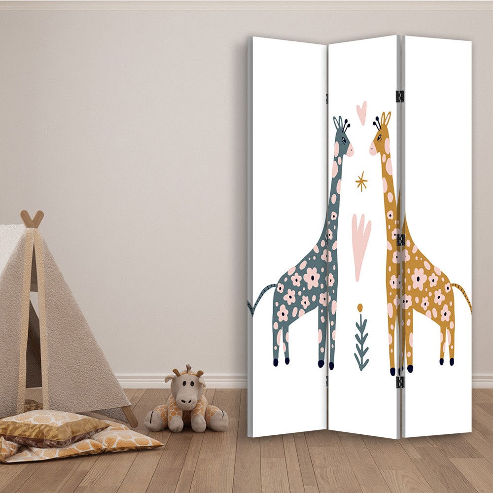 Paravent à deux faces 110 cm fabriqué en mdf et toile avec image de girafe de couleurs feeby-01