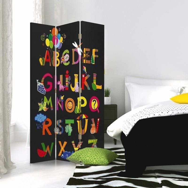 Paravent séparateur d'espaces pour enfants pivotant en toile avec cadre en mdf motif alphabet feeby-01