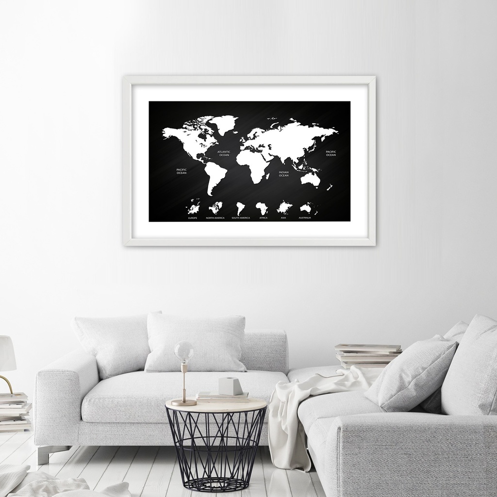 Cadre avec image de mappemonde contrastée imprimée sur papier satiné blanc et noir avec cadre en bois feeby-01