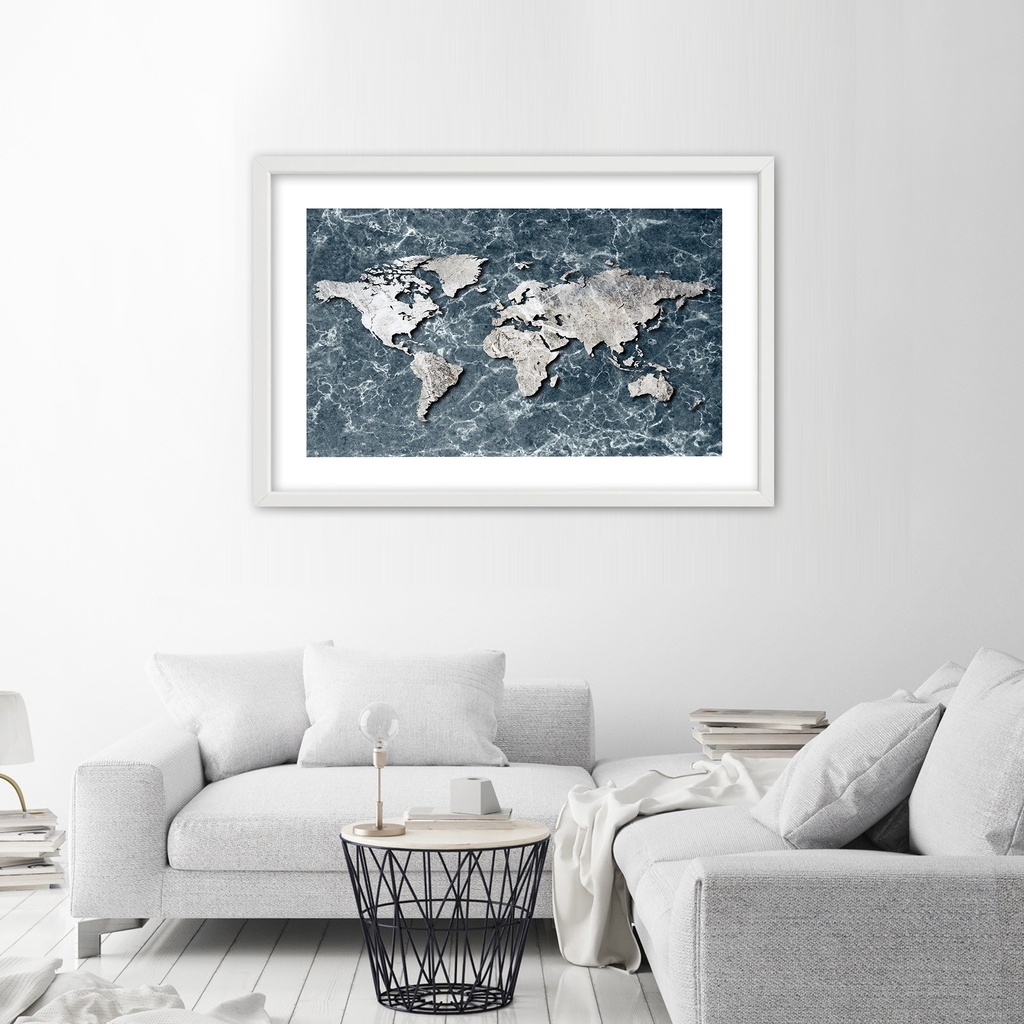 Cadre avec image de mappemonde sur fond imitation marbre imprimée sur papier satiné gris avec cadre en bois feeby-01