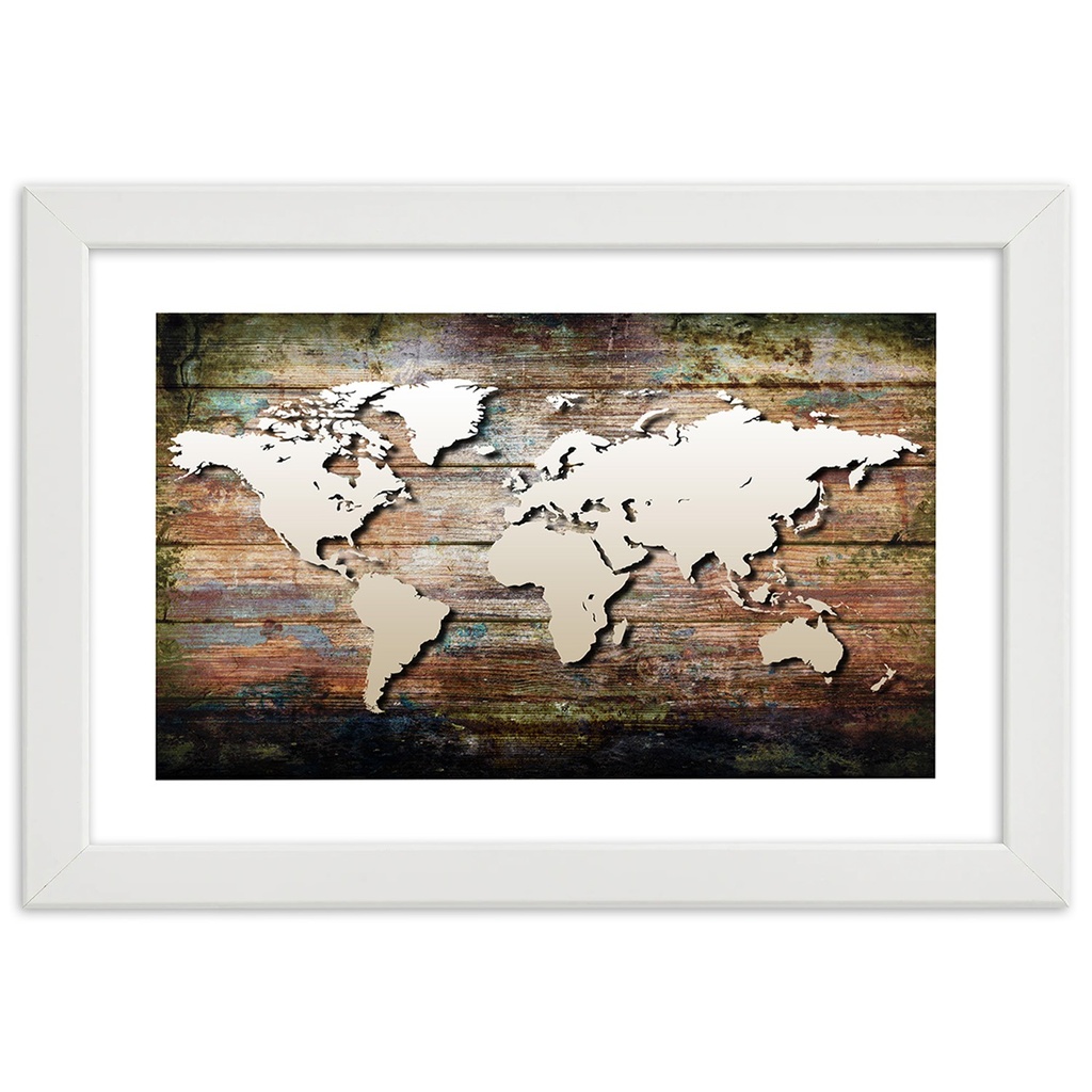 Cadre imprimé sur papier satiné avec cadre en bois carte du monde sur planches anciennes feeby-02