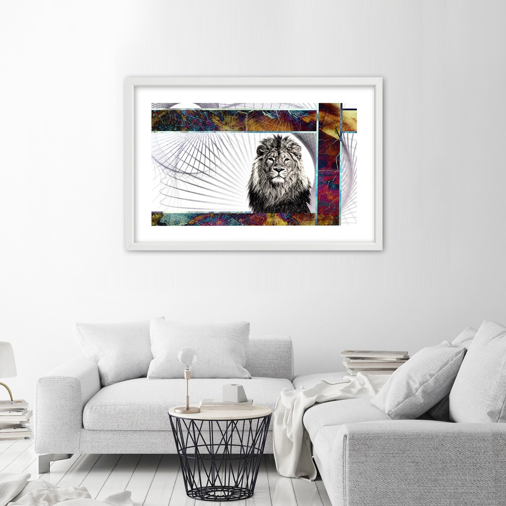 Cadre imprimé sur papier satiné finition multicolore avec cadre en bois lion majestueux feeby-01