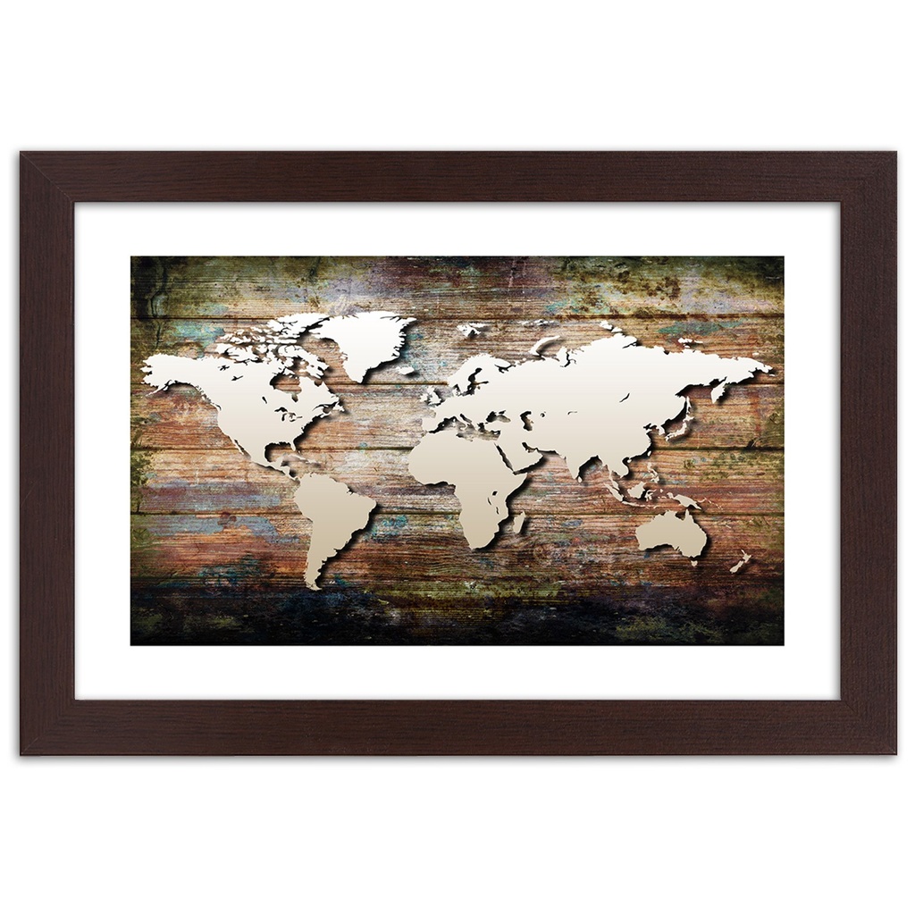 Cadre d'une carte du monde imprimée sur papier satiné en mdf finition de couleur marron feeby-02