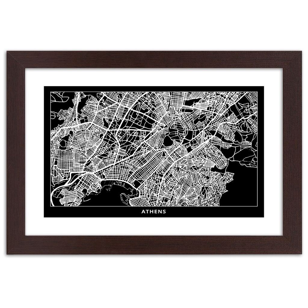 Cadre marron en mdf plaqué avec un poster d'une carte de la ville d'athènes feeby-02